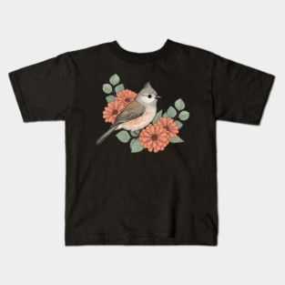 Tufted Titmouse with Coral Blooms Kids T-Shirt