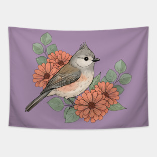 Tufted Titmouse with Coral Blooms Tapestry