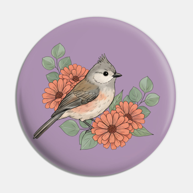 Tufted Titmouse with Coral Blooms Pin by BirdsnStuff