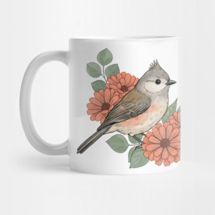 Tufted Titmouse with Coral Blooms Mug
