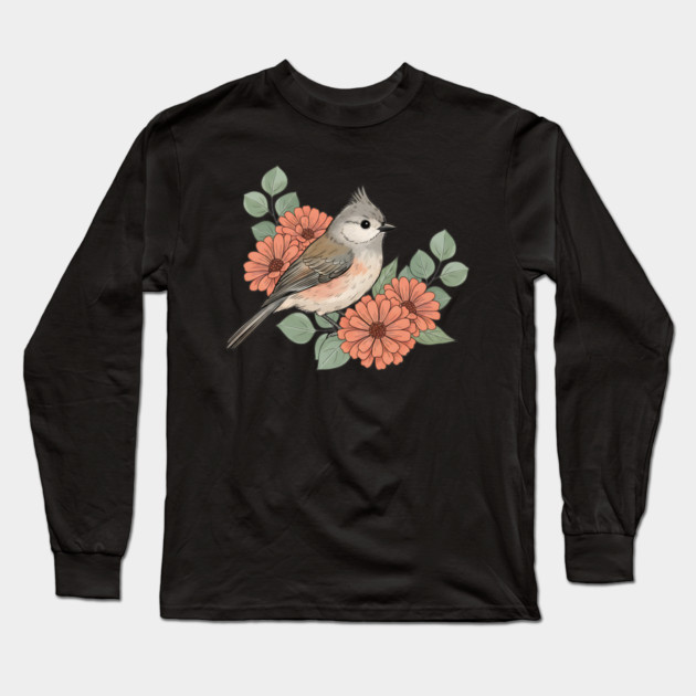 Tufted Titmouse with Coral Blooms Long Sleeve T-Shirt by BirdsnStuff