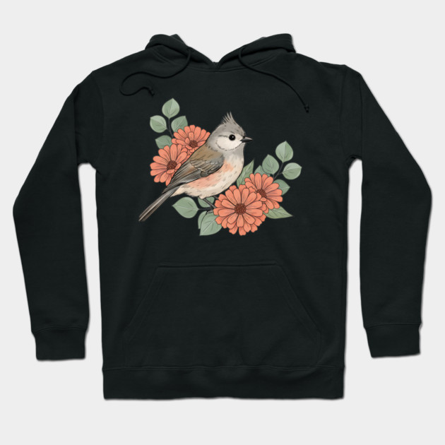 Tufted Titmouse with Coral Blooms Hoodie by BirdsnStuff