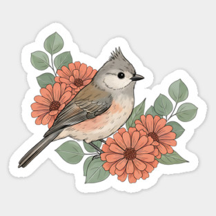 Tufted Titmouse with Coral Blooms Sticker