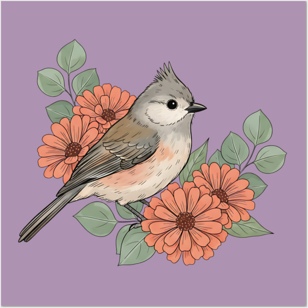 Tufted Titmouse with Coral Blooms Wall Art by BirdsnStuff