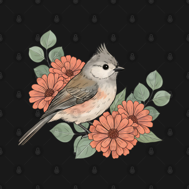 Tufted Titmouse with Coral Blooms by BirdsnStuff