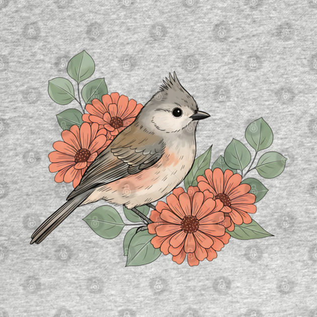 Tufted Titmouse with Coral Blooms by BirdsnStuff