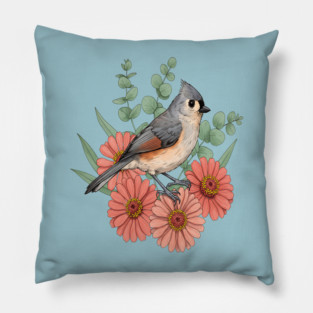 Vintage Tufted Titmouse Garden Art Pillow