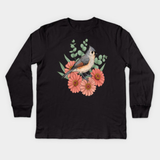 Vintage Tufted Titmouse Garden Art Kids Long Sleeve T-Shirt