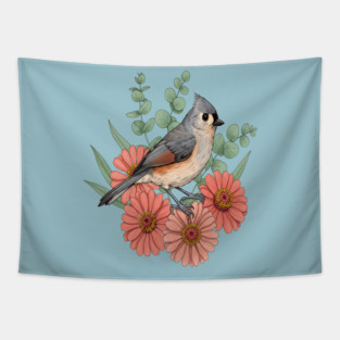 Vintage Tufted Titmouse Garden Art Tapestry