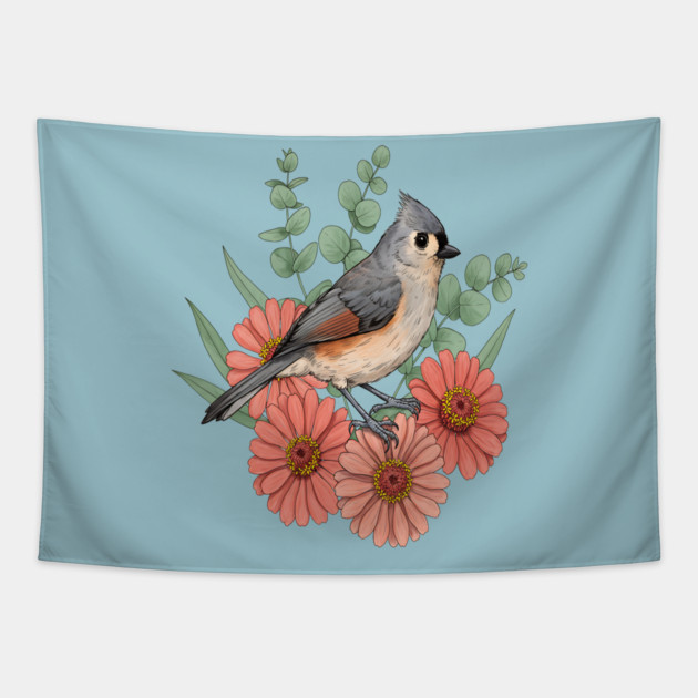 Vintage Tufted Titmouse Garden Art Tapestry by BirdsnStuff