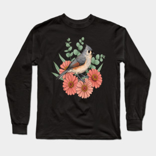 Vintage Tufted Titmouse Garden Art Long Sleeve T-Shirt