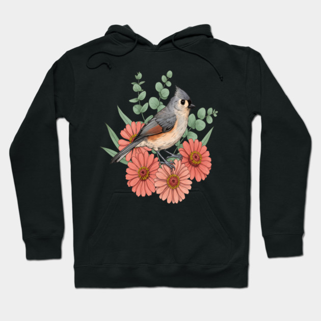 Vintage Tufted Titmouse Garden Art Hoodie by BirdsnStuff