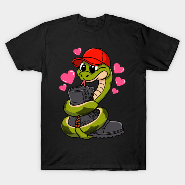 Red Hat Snake Loves Combat Boot Valentine T-Shirt by belownormal