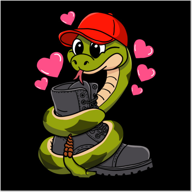 Red Hat Snake Loves Combat Boot Valentine Wall Art by belownormal
