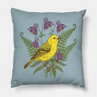 Vintage Yellow Warbler Floral Art Pillow