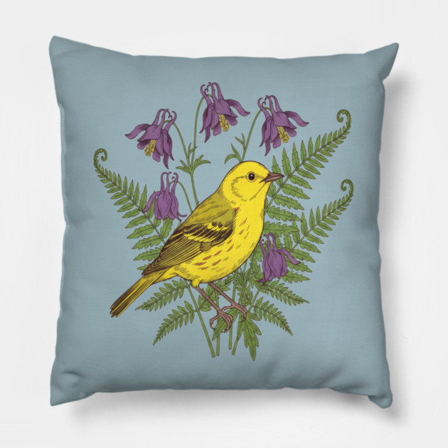 Vintage Yellow Warbler Floral Art Pillow by BirdsnStuff