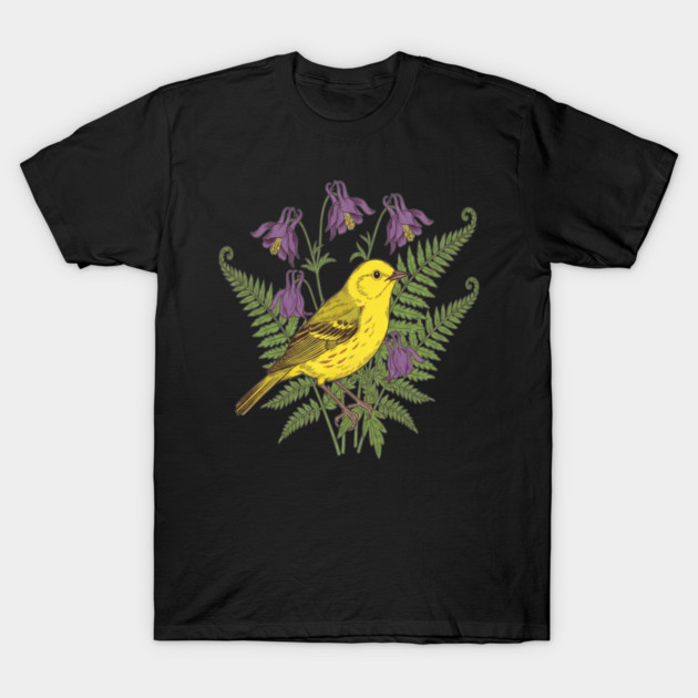 Vintage Yellow Warbler Floral Art T-Shirt by BirdsnStuff