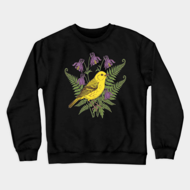 Vintage Yellow Warbler Floral Art Crewneck Sweatshirt by BirdsnStuff