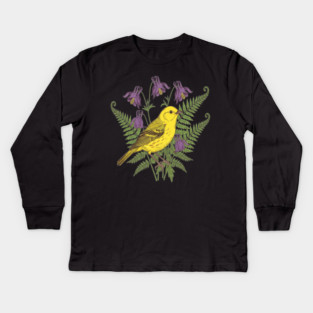 Vintage Yellow Warbler Floral Art Kids Long Sleeve T-Shirt