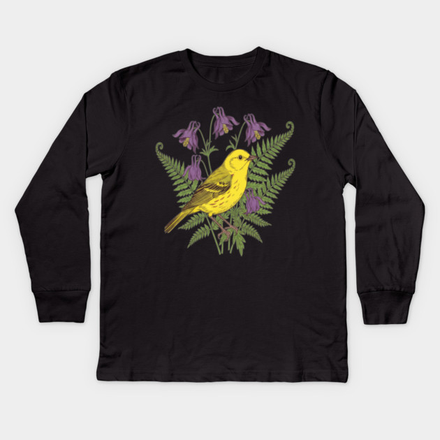 Vintage Yellow Warbler Floral Art Kids Long Sleeve T-Shirt by BirdsnStuff