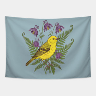 Vintage Yellow Warbler Floral Art Tapestry