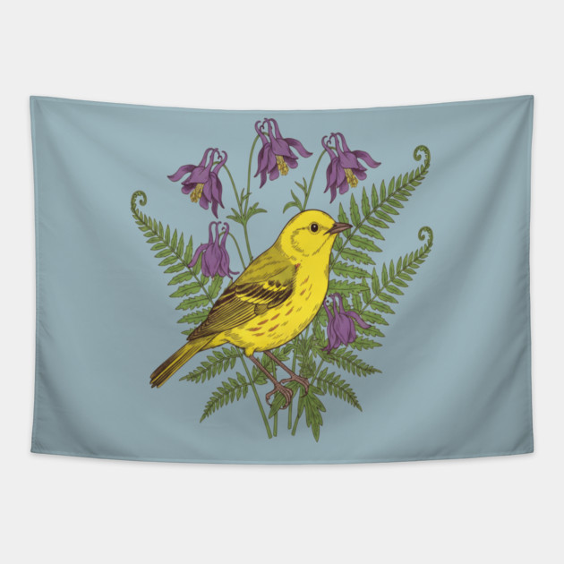 Vintage Yellow Warbler Floral Art Tapestry by BirdsnStuff