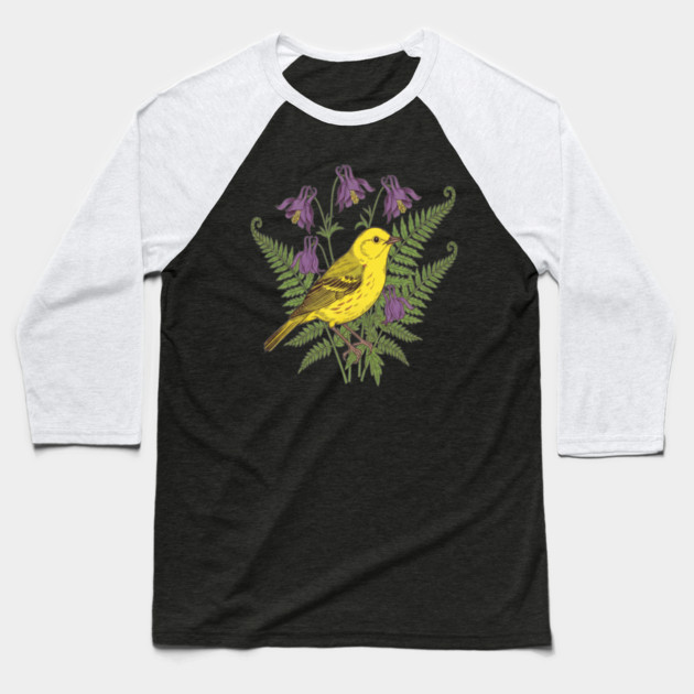 Vintage Yellow Warbler Floral Art Baseball T-Shirt by BirdsnStuff