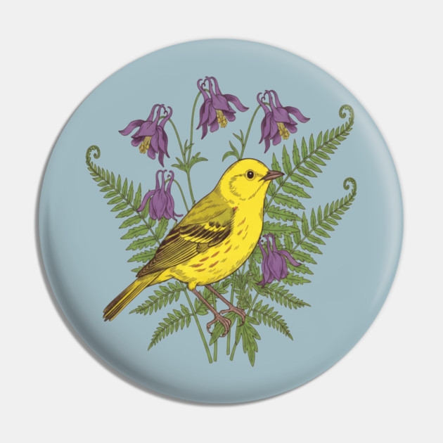Vintage Yellow Warbler Floral Art Pin by BirdsnStuff