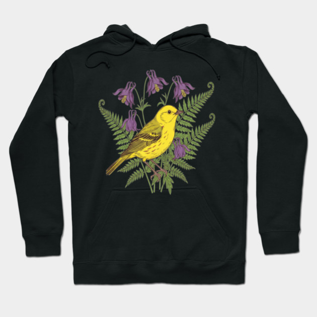 Vintage Yellow Warbler Floral Art Hoodie by BirdsnStuff