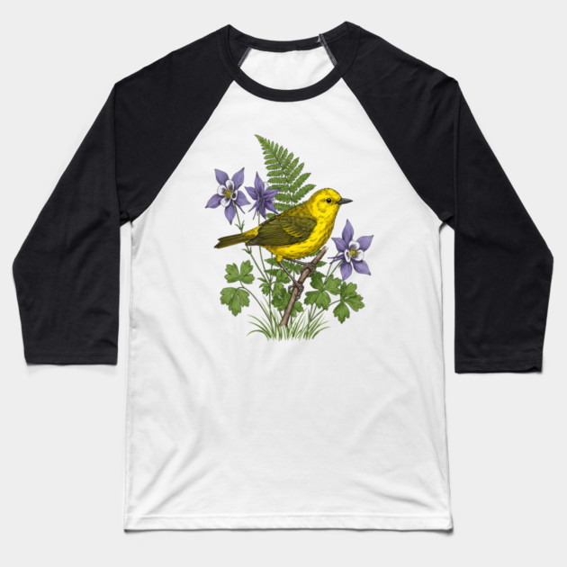 Yellow Warbler Botanical Forest Art Baseball T-Shirt by BirdsnStuff