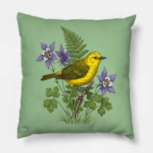 Yellow Warbler Botanical Forest Art Pillow