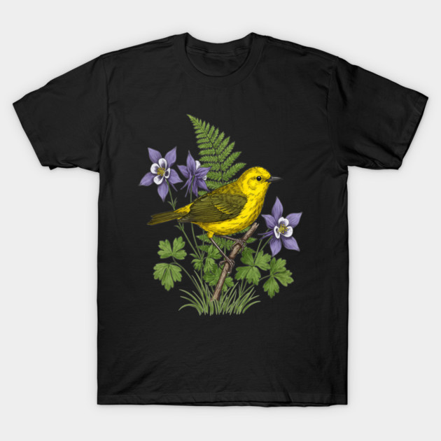 Yellow Warbler Botanical Forest Art T-Shirt by BirdsnStuff