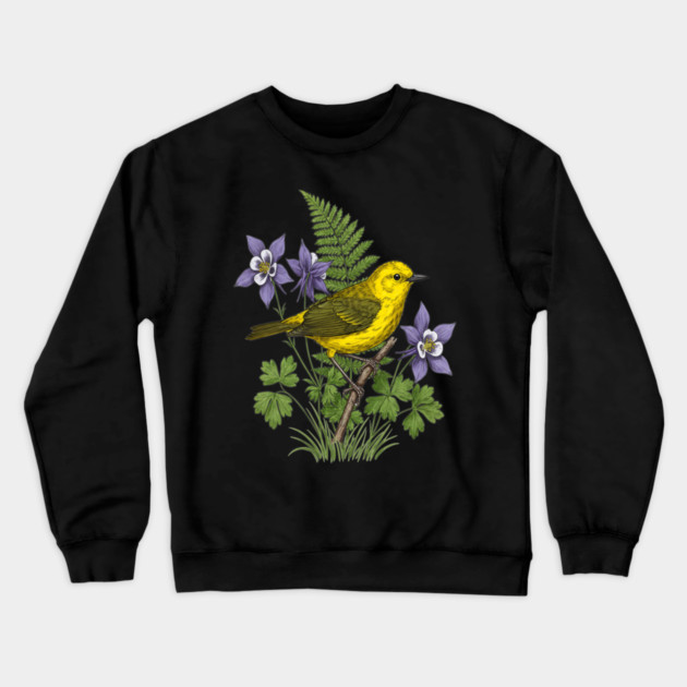 Yellow Warbler Botanical Forest Art Crewneck Sweatshirt by BirdsnStuff