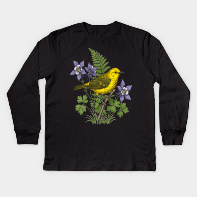 Yellow Warbler Botanical Forest Art Kids Long Sleeve T-Shirt by BirdsnStuff