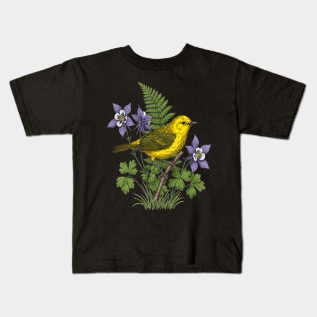 Yellow Warbler Botanical Forest Art Kids T-Shirt by BirdsnStuff