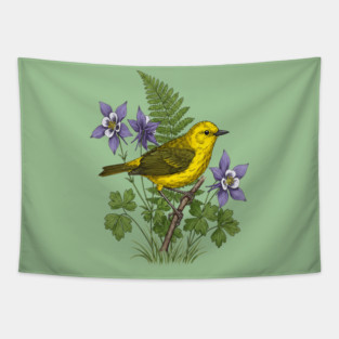 Yellow Warbler Botanical Forest Art Tapestry