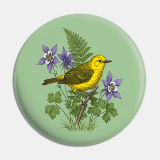 Yellow Warbler Botanical Forest Art Pin
