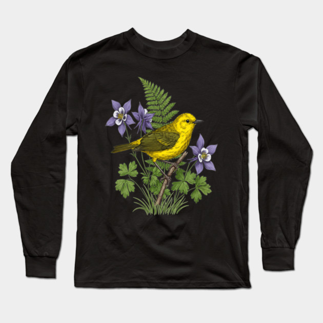 Yellow Warbler Botanical Forest Art Long Sleeve T-Shirt by BirdsnStuff