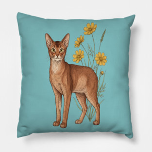 Vintage Abyssinian Cat Floral Design Pillow