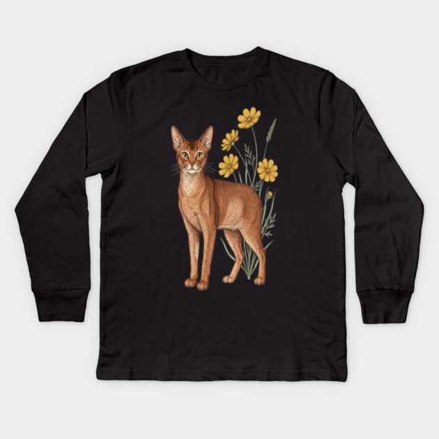 Vintage Abyssinian Cat Floral Design Kids Long Sleeve T-Shirt by BirdsnStuff