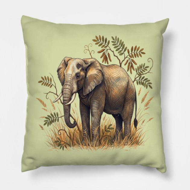 Vintage African Elephant Acacia Botanical Pillow by BirdsnStuff