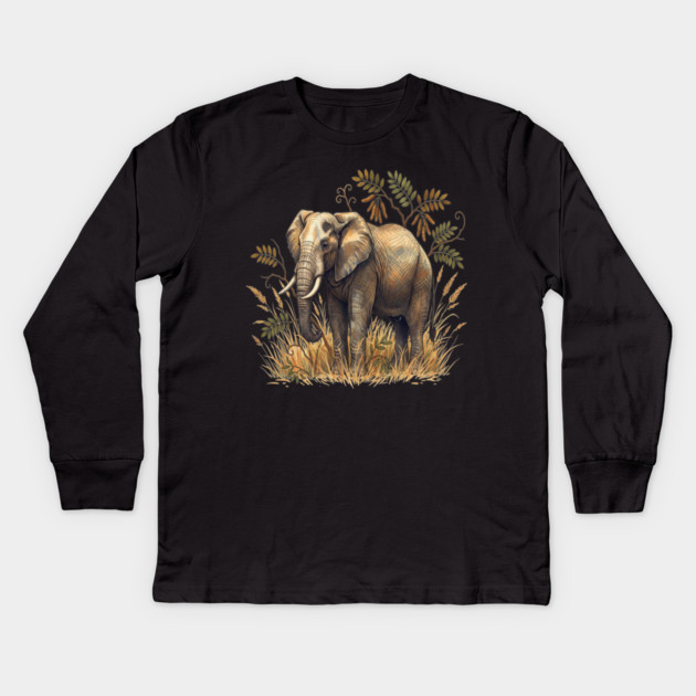 Vintage African Elephant Acacia Botanical Kids Long Sleeve T-Shirt by BirdsnStuff