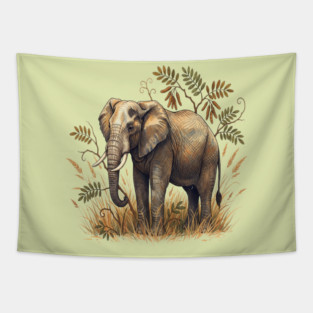 Vintage African Elephant Acacia Botanical Tapestry