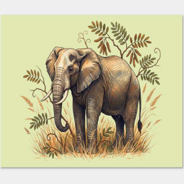 Vintage African Elephant Acacia Botanical Wall Art by BirdsnStuff
