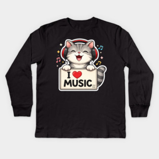 I Love Music Cat Lover Cute Kids Long Sleeve T-Shirt