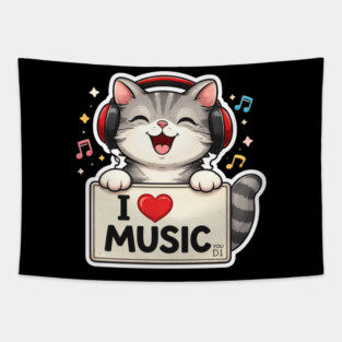 I Love Music Cat Lover Cute Tapestry