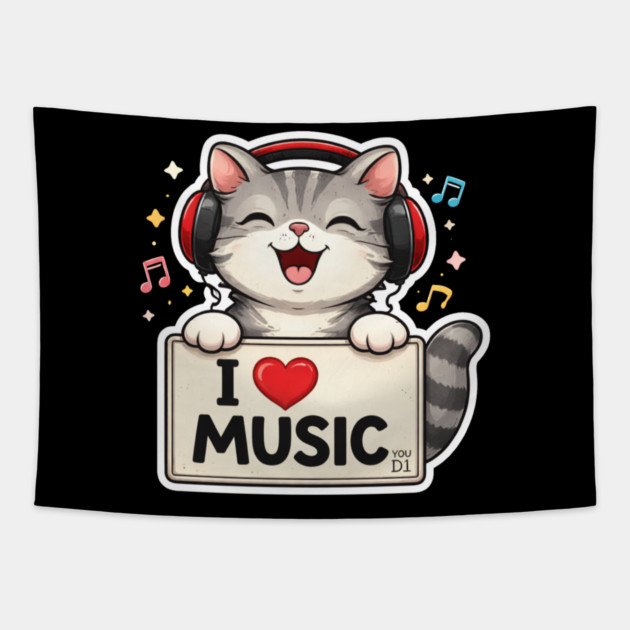 I Love Music Cat Lover Cute Tapestry by ArtistTee ⭐⭐⭐⭐⭐