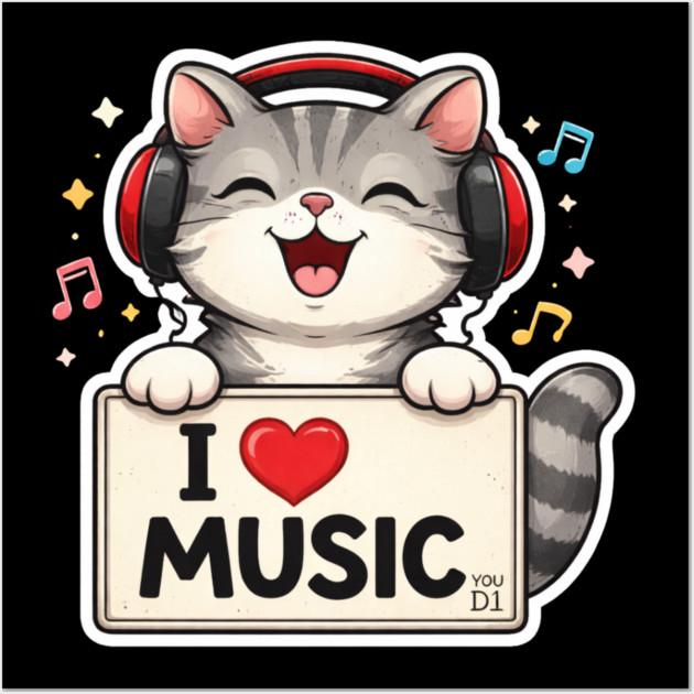 I Love Music Cat Lover Cute Wall Art by ArtistTee ⭐⭐⭐⭐⭐