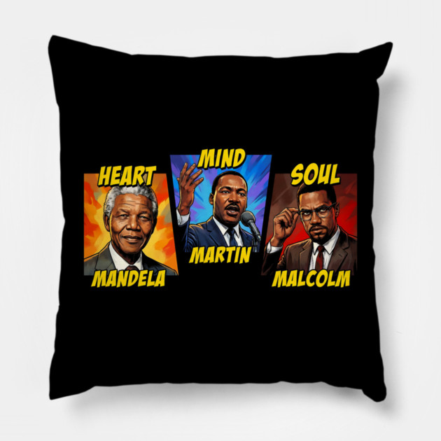 Heart, Mind, Soul Icons: Mandela, Martin, Malcolm Comic Art Pillow by UrbanLifeApparel