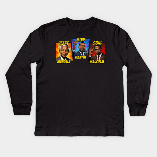 Heart, Mind, Soul Icons: Mandela, Martin, Malcolm Comic Art Kids Long Sleeve T-Shirt by UrbanLifeApparel